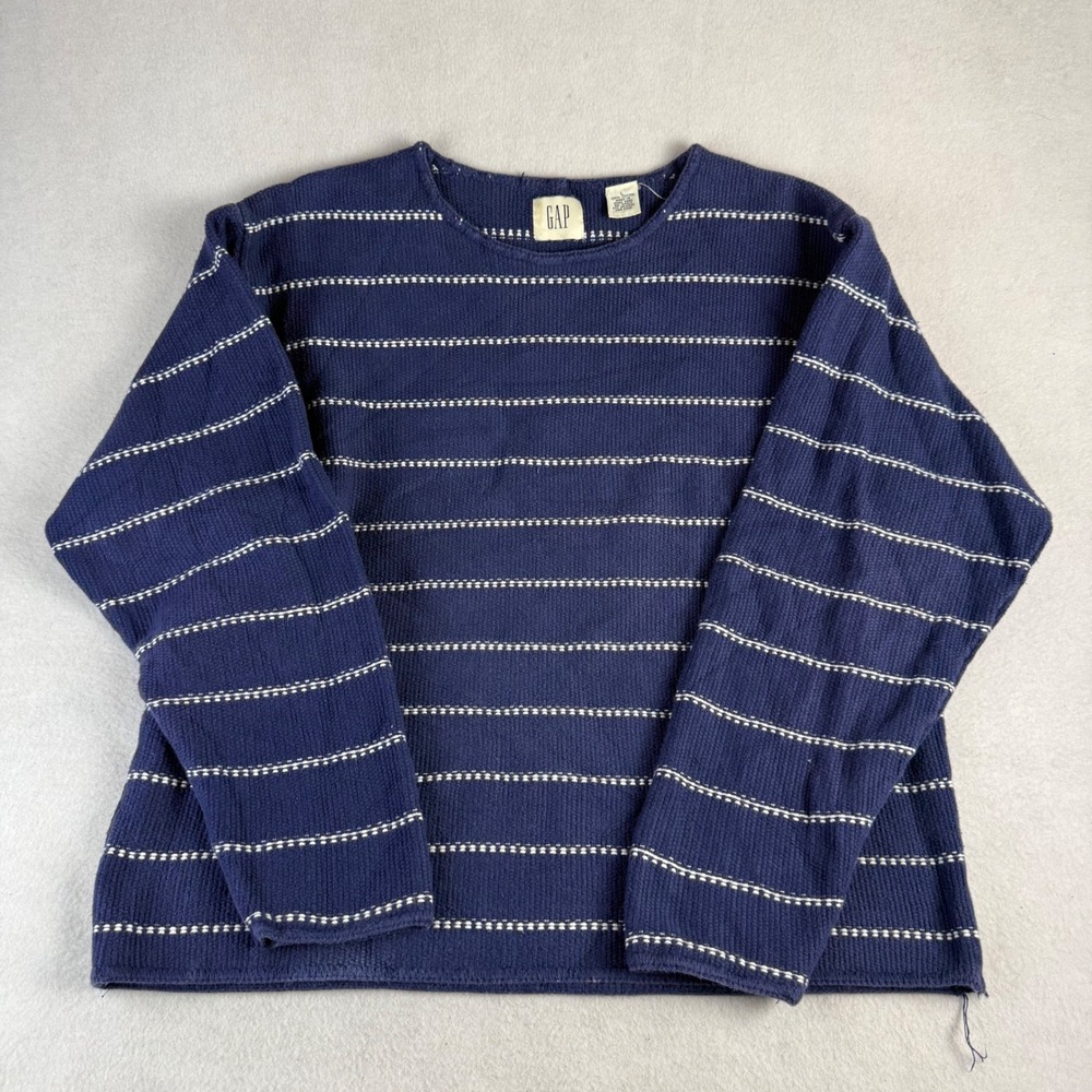 Vintage Gap Navy Blue White Striped 100% Cotton Crew Neck Sweater Womens Large